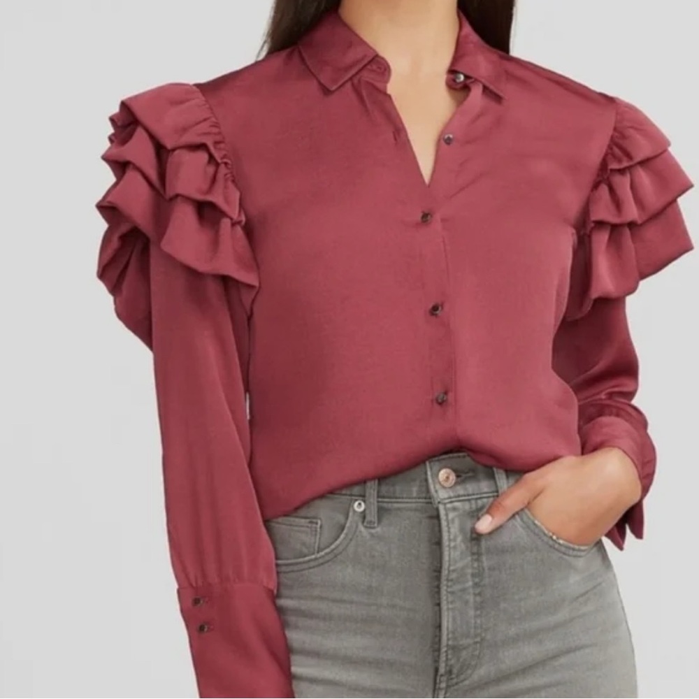 Express Ruffle Shoulder Button-Up Shirt